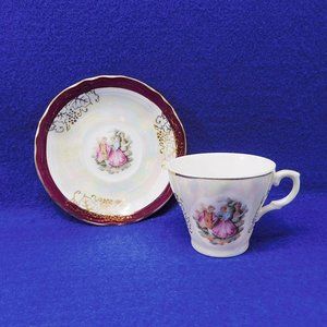 Vintage Fragonard Courting Couple Cup & Saucer Japan Iridescent Porcelain